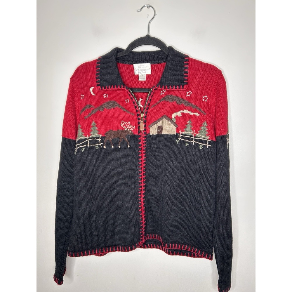 Christopher Banks Hand Embroidered Sweater Christmas Vintage Cardigan Sz Small